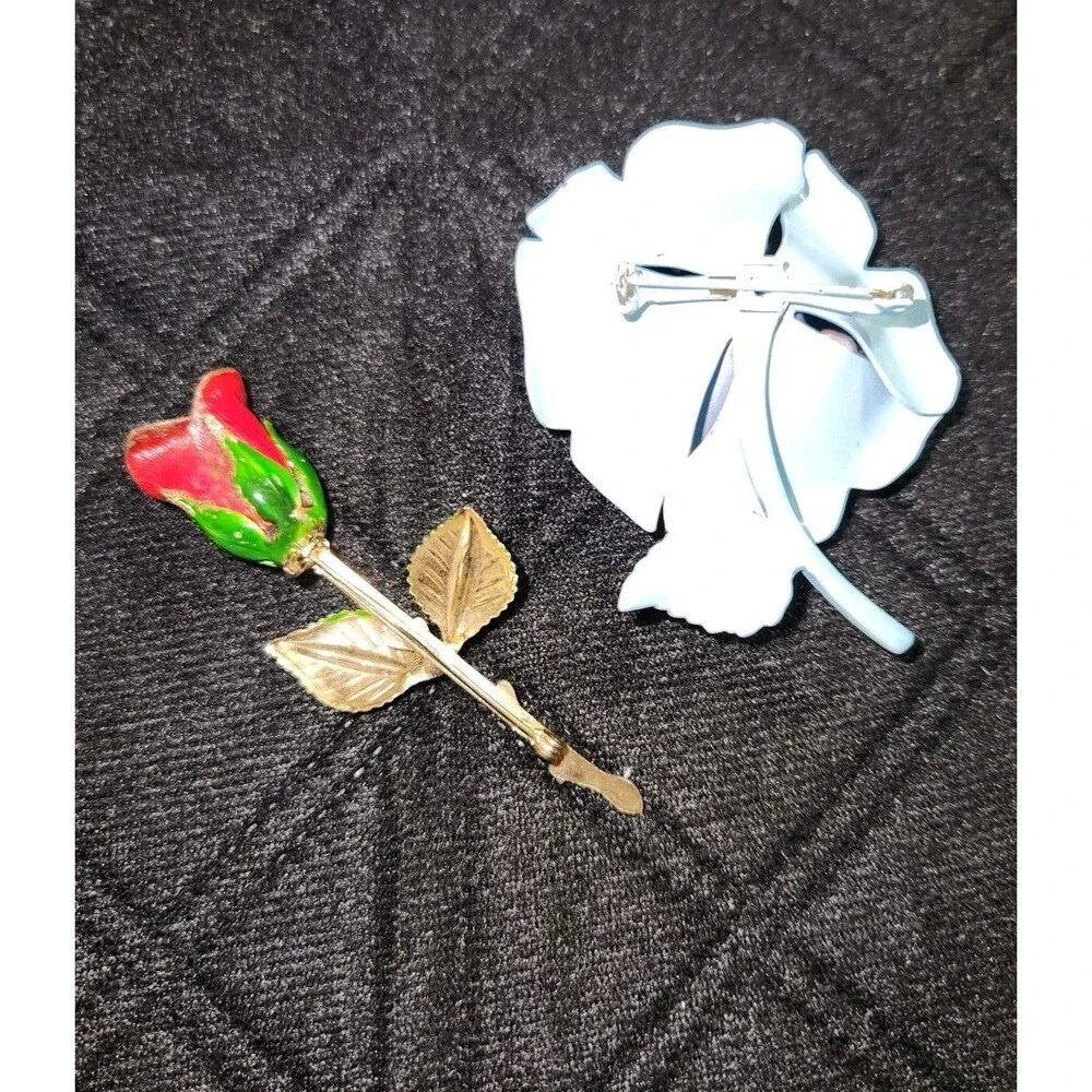 Vintage Enamel Flower Brooch Pin Lot of 2 Roses